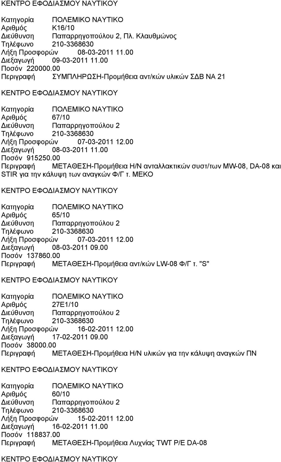 00 Περιγραφή ΜΕΤΑΘΕΣΗ-Προμήθεια Η/Ν ανταλλακτικών συστ/των MW-08, DA-08 και STIR για την κάλυψη των αναγκών Φ/Γ τ. ΜΕΚΟ Αριθμός 65/10 Διεύθυνση Παπαρρηγοπούλου 2 Λήξη Προσφορών 07-03-2011 12.