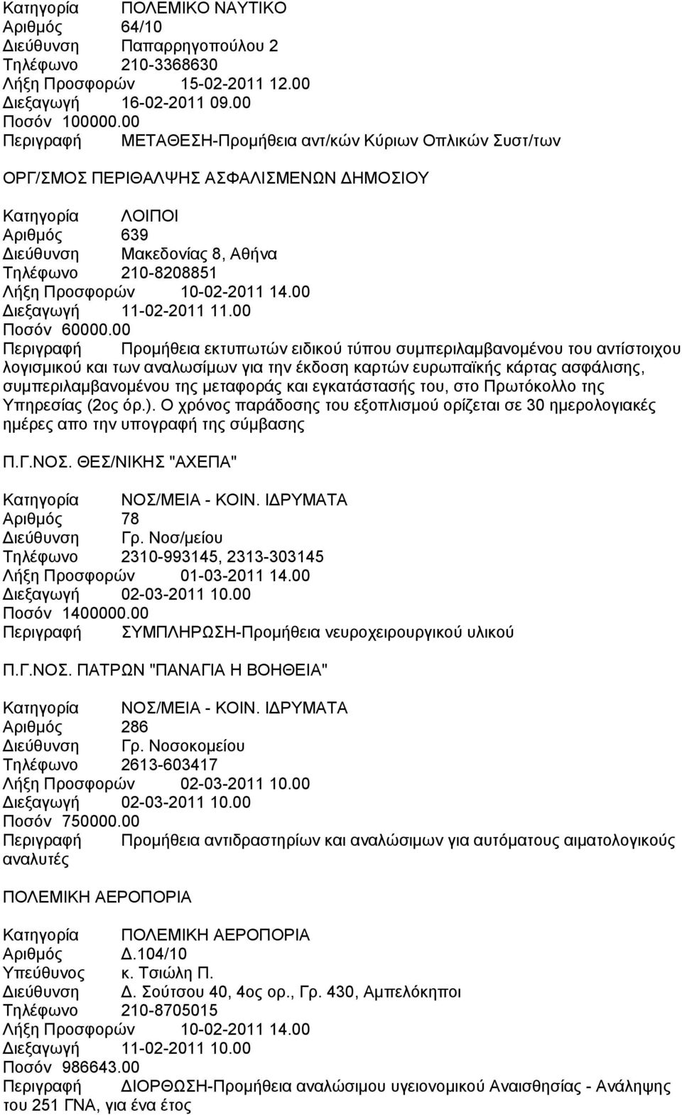 Προσφορών 10-02-2011 14.00 Διεξαγωγή 11-02-2011 11.00 Ποσόν 60000.