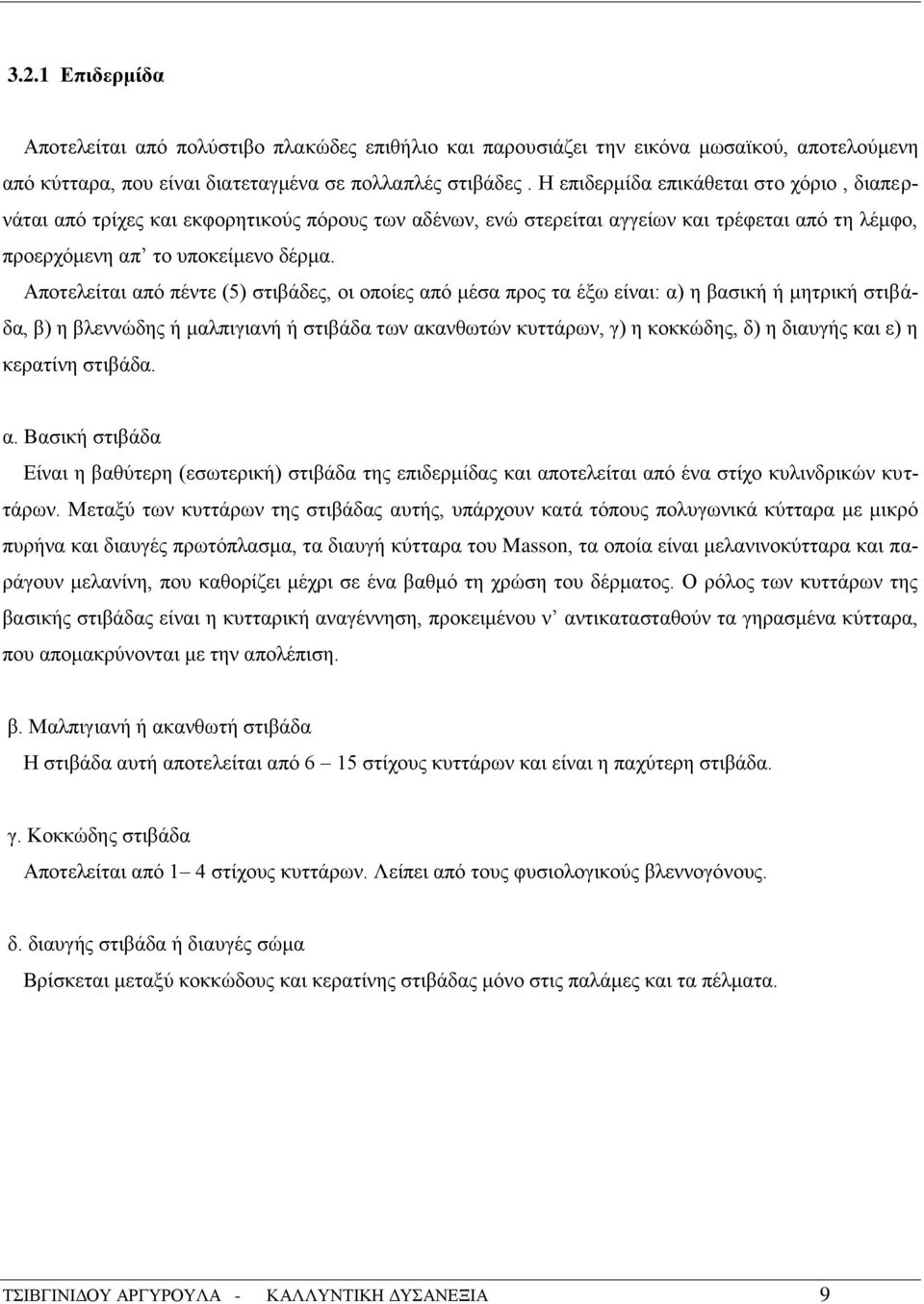 Αποτελείται από πέντε (5) στιβάδες, οι οποίες από μέσα προς τα έξω είναι: α) η βασική ή μητρική στιβάδα, β) η βλεννώδης ή μαλπιγιανή ή στιβάδα των ακανθωτών κυττάρων, γ) η κοκκώδης, δ) η διαυγής και
