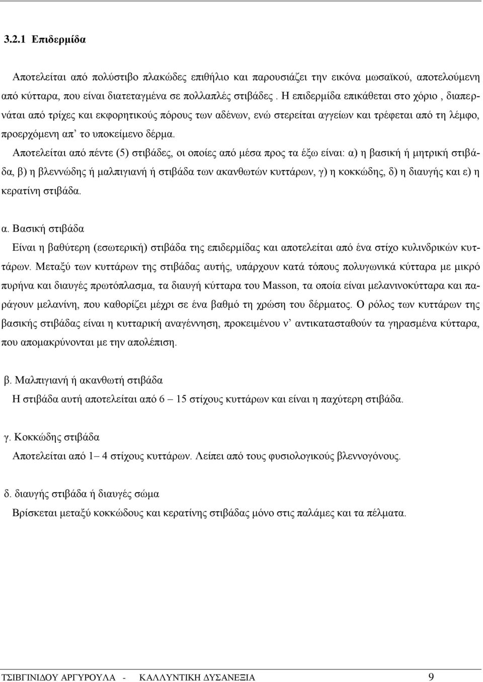 Αποτελείται από πέντε (5) στιβάδες, οι οποίες από μέσα προς τα έξω είναι: α) η βασική ή μητρική στιβάδα, β) η βλεννώδης ή μαλπιγιανή ή στιβάδα των ακανθωτών κυττάρων, γ) η κοκκώδης, δ) η διαυγής και