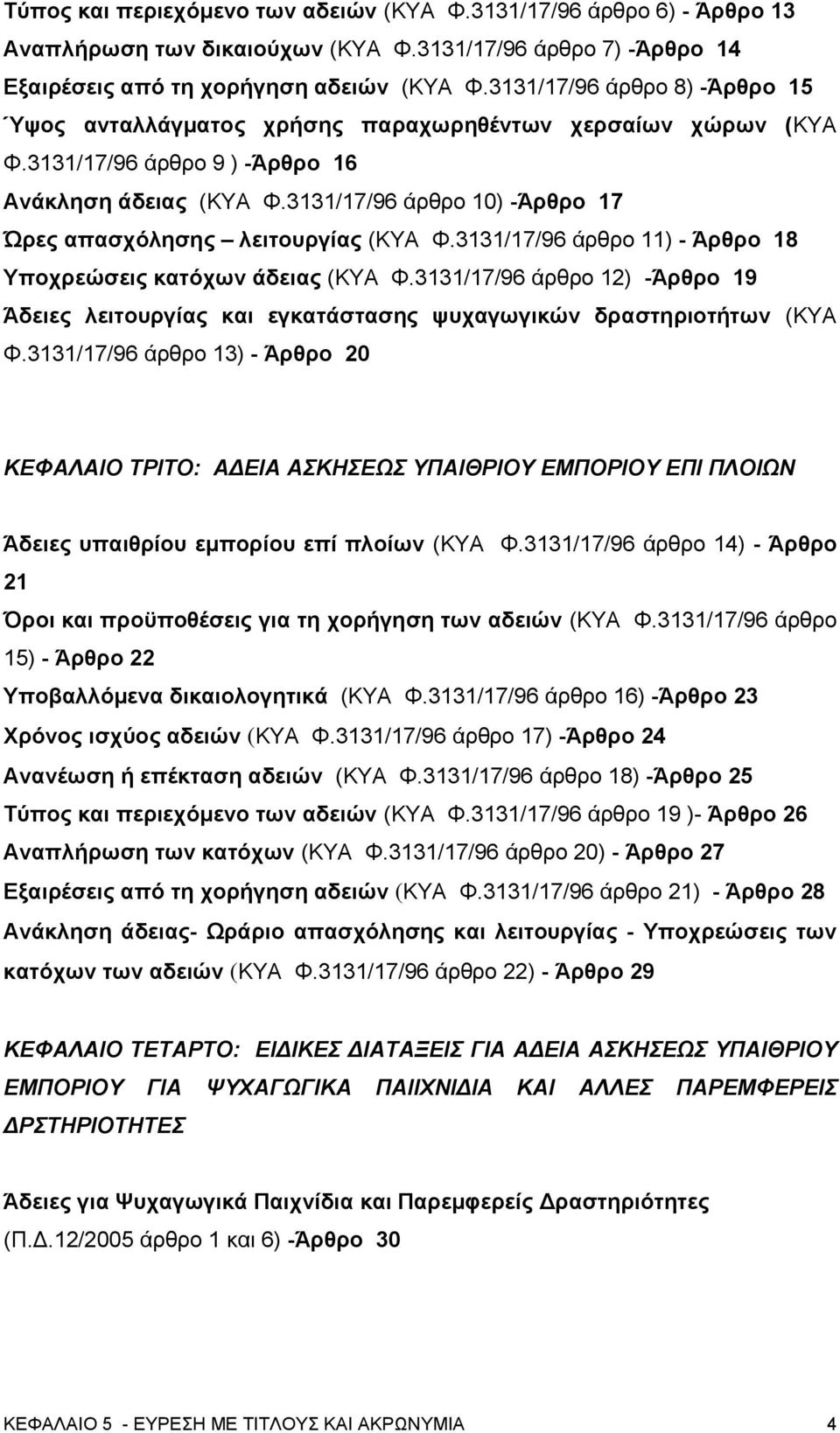 3131/17/96 άρθρο 10) -Άρθρο 17 Ώρες απασχόλησης λειτουργίας (ΚΥΑ Φ.3131/17/96 άρθρο 11) - Άρθρο 18 Υποχρεώσεις κατόχων άδειας (ΚΥΑ Φ.