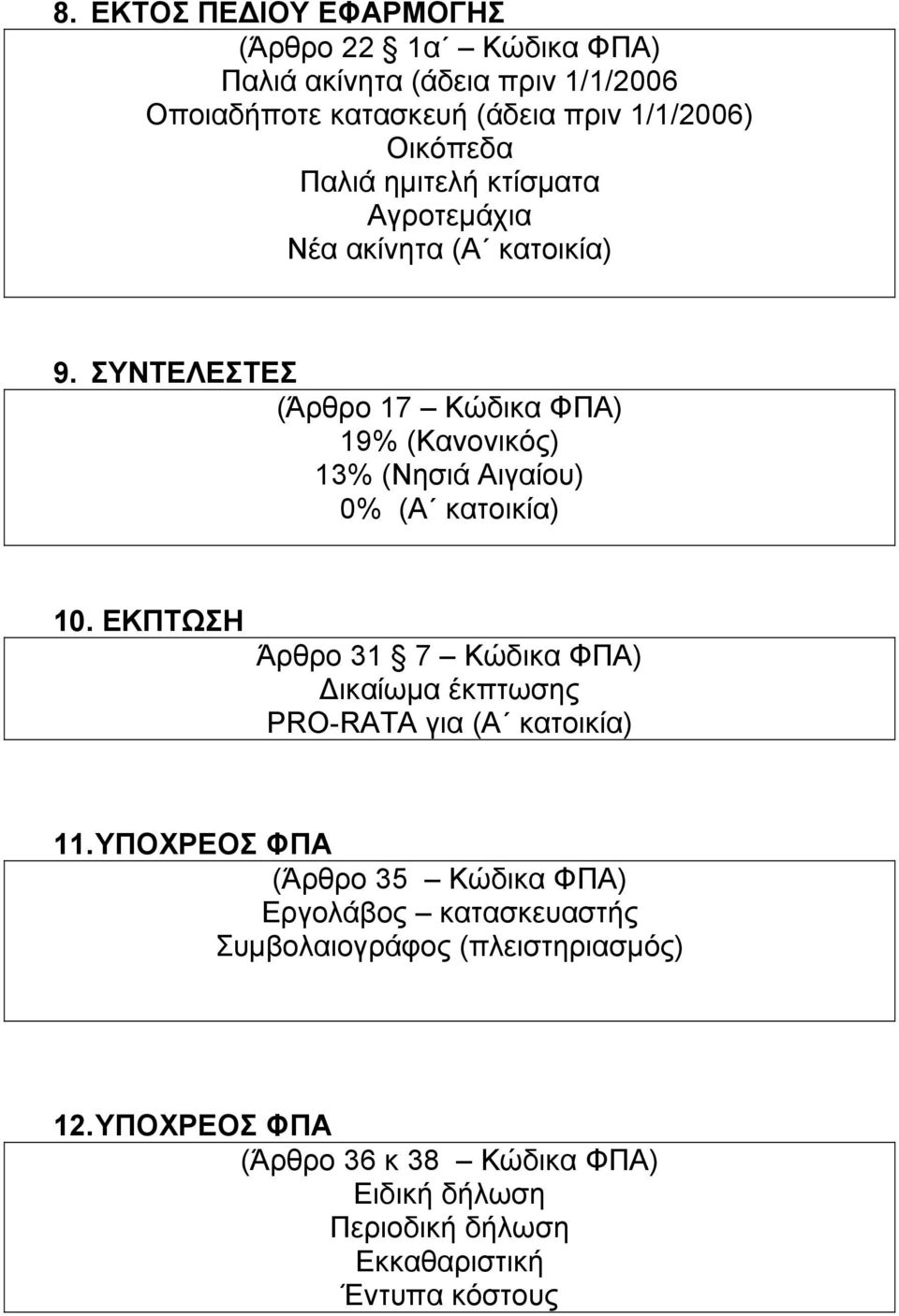 ΣΥΝΤΕΛΕΣΤΕΣ (Άρθρο 17 Κώδικα ΦΠΑ) 19% (Κανονικός) 13% (Νησιά Αιγαίου) 0% (Α κατοικία) 10.