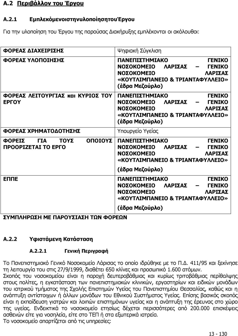 ΟΠΟΙΟΥΣ ΠΡΟΟΡΙΖΕΤΑΙ ΤΟ ΕΡΓΟ ΠΑΝΕΠΙΣΤΗΜΙΑΚΟ ΓΕΝΙΚΟ ΝΟΣΟΚΟΜΕΙΟ ΛΑΡΙΣΑΣ ΓΕΝΙΚΟ ΝΟΣΟΚΟΜΕΙΟ ΛΑΡΙΣΑΣ «ΚΟΥΤΛΙΜΠΑΝΕΙΟ & ΤΡΙΑΝΤΑΦΥΛΛΕΙΟ» (έδρα Μεζούρλο) Υπουργείο Υγείας ΠΑΝΕΠΙΣΤΗΜΙΑΚΟ ΓΕΝΙΚΟ ΝΟΣΟΚΟΜΕΙΟ