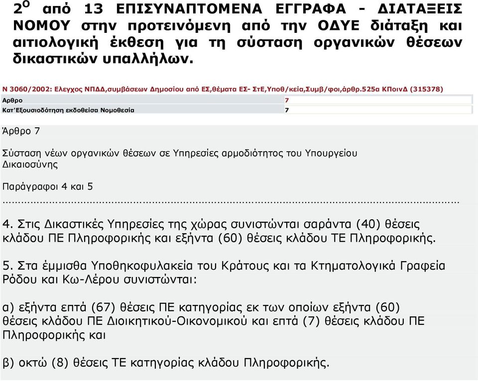 525α ΚΠοιν (315378) Αρθρο 7 Κατ'Εξουσιοδότηση εκδοθείσα Νοµοθεσία 7 Άρθρο 7 Σύσταση νέων οργανικών θέσεων σε Υπηρεσίες αρµοδιότητος του Υπουργείου ικαιοσύνης Παράγραφοι 4 και 5 4.