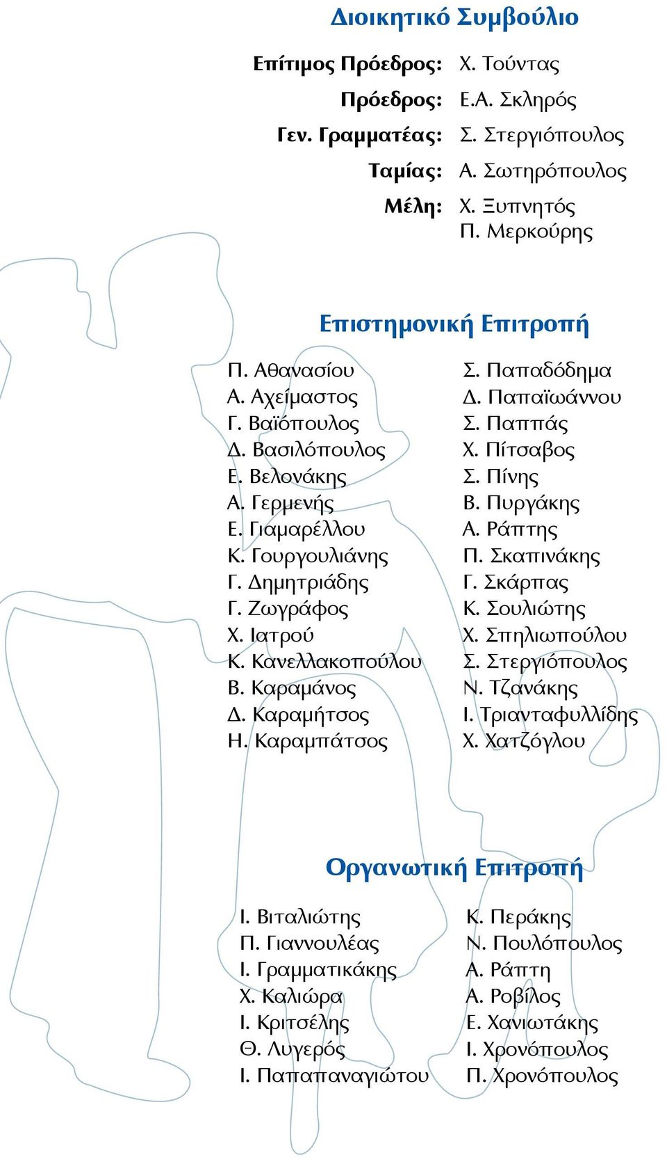 Παπαδόδημα Δ. Παπαϊωάννου Σ. Παππάς Χ. Πίτσαβος Σ. Πίνης Β. Πυργάκης Α. Ράπτης Π. Σκαπινάκης Γ. Σκάρπας Κ. Σουλιώτης Χ. Σπηλιωπούλου Σ. Στεργιόπουλος Ν. Τζανάκης Ι. Τριανταφυλλίδης Χ.