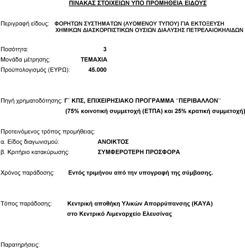 000 Πηγή χρηματοδότησης: Γ ΚΠΣ, ΕΠΙΧΕΙΡΗΣΙΑΚΟ ΠΡΟΓΡΑΜΜΑ ΠΕΡΙΒΑΛΛΟΝ (75% κοινοτική συμμετοχή (ΕΤΠΑ) και 25% κρατική συμμετοχή) Προτεινόμενος τρόπος προμήθειας: