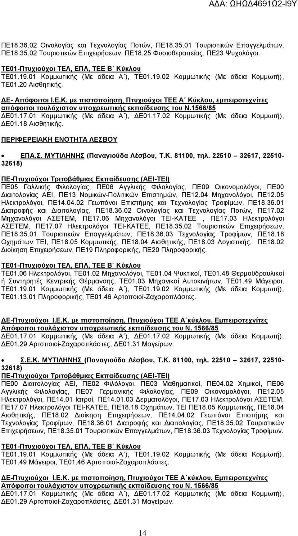 1566/85 ΓΔ01.17.01 Κνκκσηηθήο (Με άδεηα Α ), ΓΔ01.17.02 Κνκκσηηθήο (Με άδεηα Κνκκσηή), ΓΔ01.18 Αηζζεηηθήο. ΠΔΡΗΦΔΡΔΗΑΚΖ ΔΝΟΣΖΣΑ ΛΔΒΟΤ ΔΠΑ.. ΜΤΣΗΛΖΝΖ (Παλαγηνύδα Λέζβνπ, Σ.Κ. 81100, ηει.