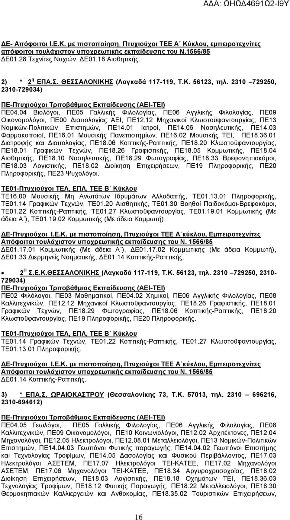 12 Μεραληθνί Κισζηνυθαληνπξγίαο, ΠΔ13 Ννκηθψλ-Πνιηηηθψλ Δπηζηεκψλ, ΠΔ14.01 Ηαηξνί, ΠΔ14.06 Ννζειεπηηθήο, ΠΔ14.03 Φαξκαθνπνηνί, ΠΔ16.01 Μνπζηθήο Παλεπηζηεκίσλ, ΠΔ16.02 Μνπζηθήο ΣΔΗ, ΠΔ18.36.