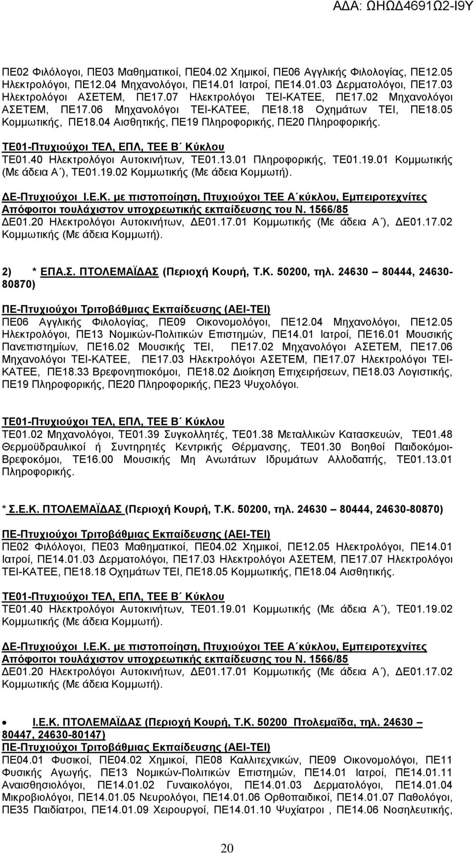 40 Ζιεθηξνιφγνη Απηνθηλήησλ, ΣΔ01.13.01 Πιεξνθνξηθήο, ΣΔ01.19.01 Κνκκσηηθήο (Με άδεηα Α ), ΣΔ01.19.02 Κνκκσηηθήο (Με άδεηα Κνκκσηή). ΓΔ01.20 Ζιεθηξνιφγνη Απηνθηλήησλ, ΓΔ01.17.