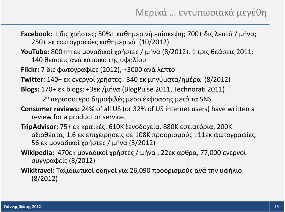 340 εκ μηνύματα/ημέρα (8/2012) Blogs:170+εκblogs;+3εκ/μήνα(BlogPulse2011, Technorati 2011) 2 ο περισσότεροδημοφιλές μέσο έκφρασης μετά τα SNS Consumer reviews: 24% of all US(or 32% of US internet