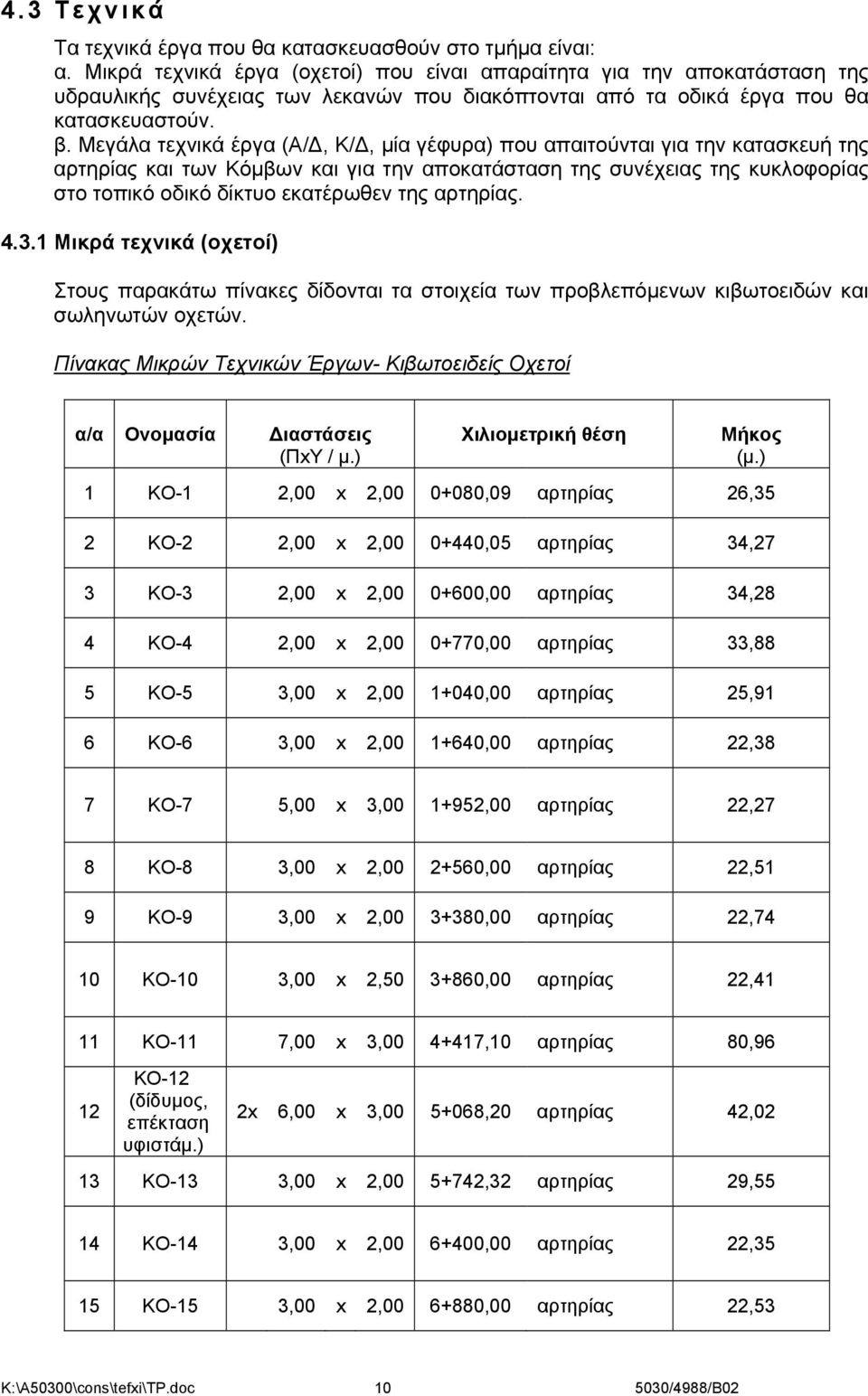 Μεγάλα τεχνικά έργα (Α/, Κ/, μία γέφυρα) που απαιτούνται για την κατασκευή της αρτηρίας και των Κόμβων και για την αποκατάσταση της συνέχειας της κυκλοφορίας στο τοπικό οδικό δίκτυο εκατέρωθεν της