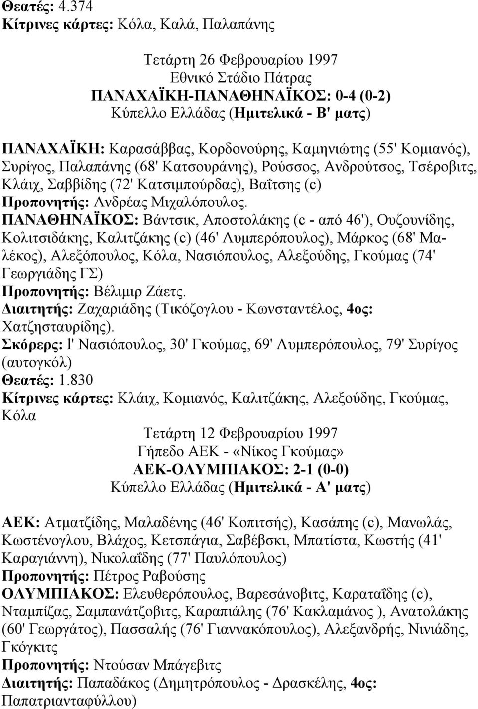 Καµηνιώτης (55' Κοµιανός), Συρίγος, Παλαπάνης (68' Κατσουράνης), Ρούσσος, Ανδρούτσος, Τσέροβιτς, Κλάιχ, Σαββίδης (72' Κατσιµπούρδας), Βαΐτσης (c) Προπονητής: Ανδρέας Μιχαλόπουλος.