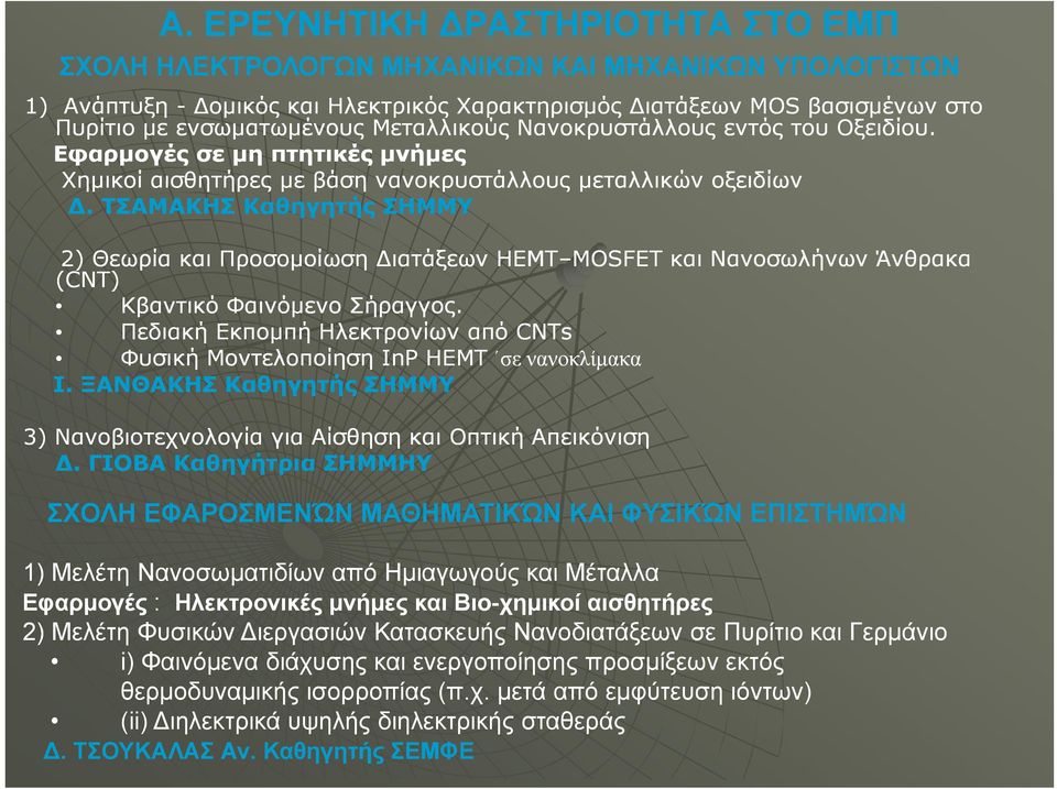 ΤΣΑΜΑΚΗΣ Καθηγητής ΣΗΜΜΥ 2) Θεωρία και Προσομοίωση Διατάξεων HEMT MOSFET MOSFET και Νανοσωλήνων Άνθρακα (CNT) Κβαντικό Φαινόμενο Σήραγγος.