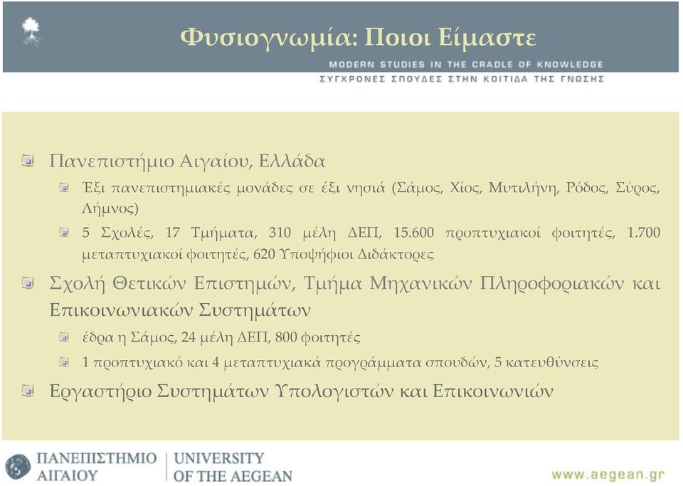 700 µεταπτυχιακοί φοιτητές, 620 Υποψήφιοι Διδάκτορες Σχολή Θετικών Επιστηµών, Τµήµα Μηχανικών Πληροφοριακών και Επικοινωνιακών