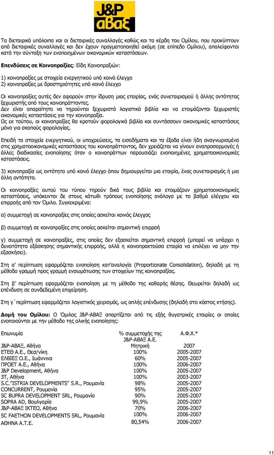 Επενδύσεις σε Κοινοπραξίες: Είδη Κοινοπραξιών: 1) κοινοπραξίες με στοιχεία ενεργητικού υπό κοινό έλεγχο 2) κοινοπραξίες με δραστηριότητες υπό κοινό έλεγχο Οι κοινοπραξίες αυτές δεν αφορούν στην