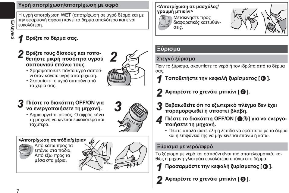 Χρησιμοποιείτε πάντα υγρό σαπούνι όταν κάνετε υγρή αποτρίχωση. Σκουπίστε το υγρό σαπούνι από τα χέρια σας. Πιέστε το διακόπτη OFF/ON για να ενεργοποιήσετε τη μηχανή. Δημιουργείται αφρός.