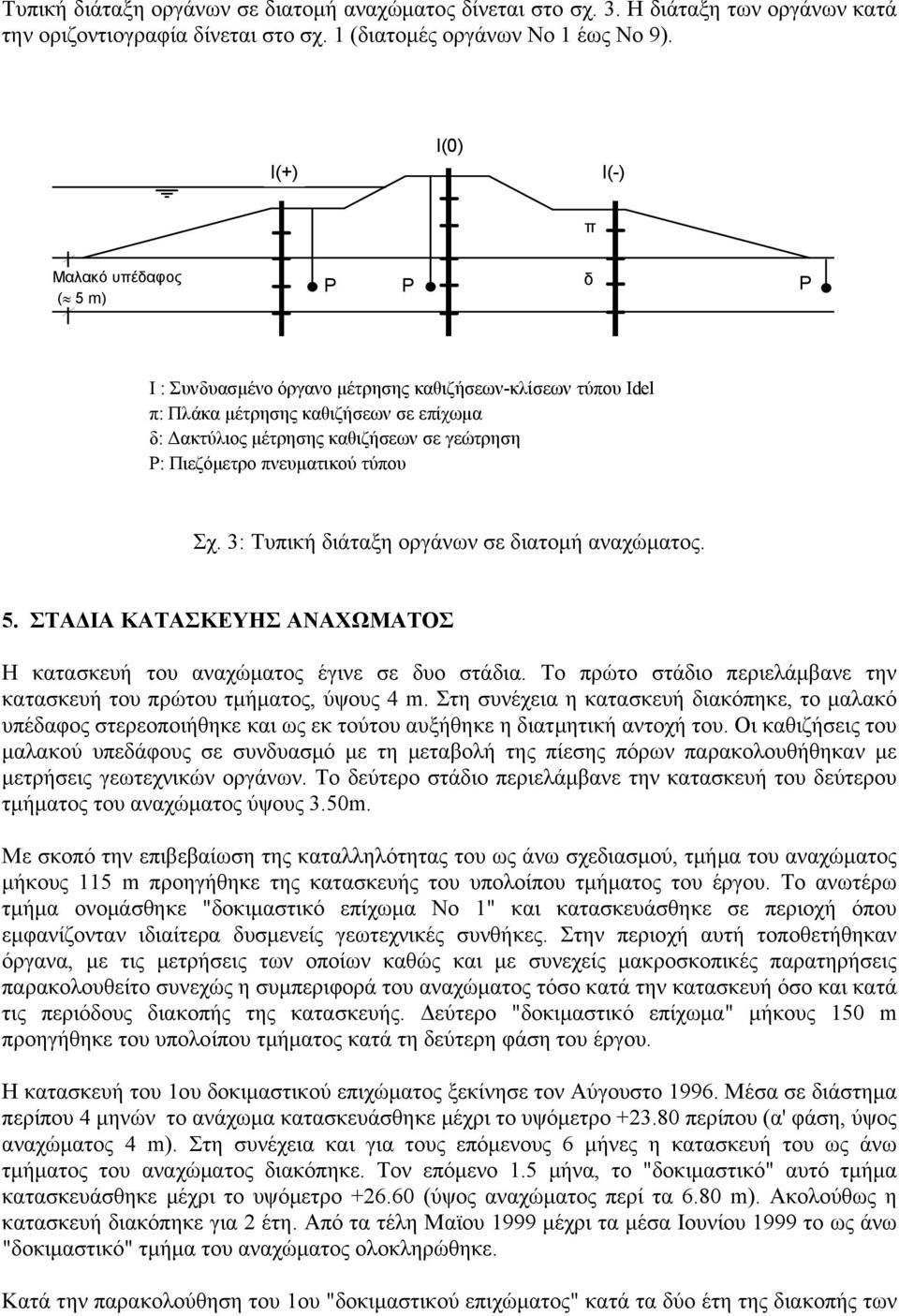 Πιεζόμετρο πνευματικού τύπου Σχ. 3: Τυπική διάταξη οργάνων σε διατομή αναχώματος. 5. ΣΤΑΔΙΑ ΚΑΤΑΣΚΕΥΗΣ ΑΝΑΧΩΜΑΤΟΣ Η κατασκευή του αναχώματος έγινε σε δυο στάδια.