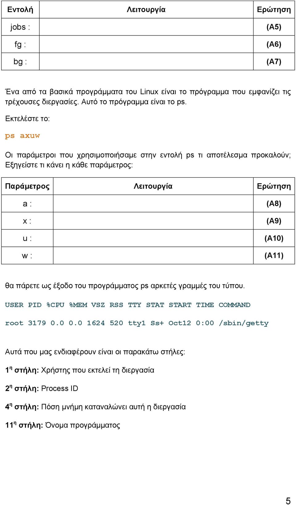 (Α10) (A11) θα πάρετε ως έξοδο του προγράμματος ps αρκετές γραμμές του τύπου. USER PID %CPU %MEM VSZ RSS TTY STAT START TIME COMMAND root 3179 0.0 0.