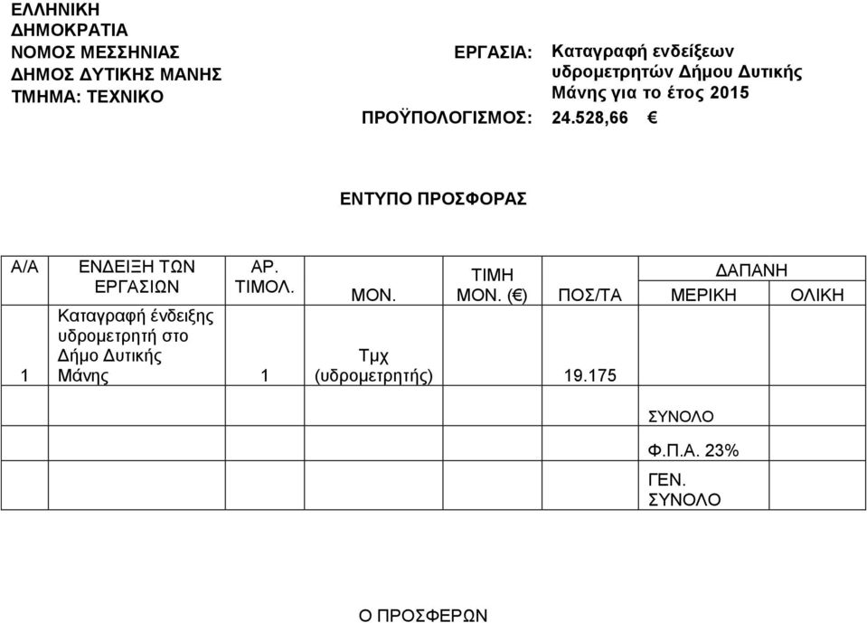 528,66 υδρομετρητών Δήμου Δυτικής Μάνης για το έτος 2015 ΕΝΤΥΠΟ ΠΡΟΣΦΟΡΑΣ Α/Α 1 ΕΝΔΕΙΞΗ ΤΩΝ