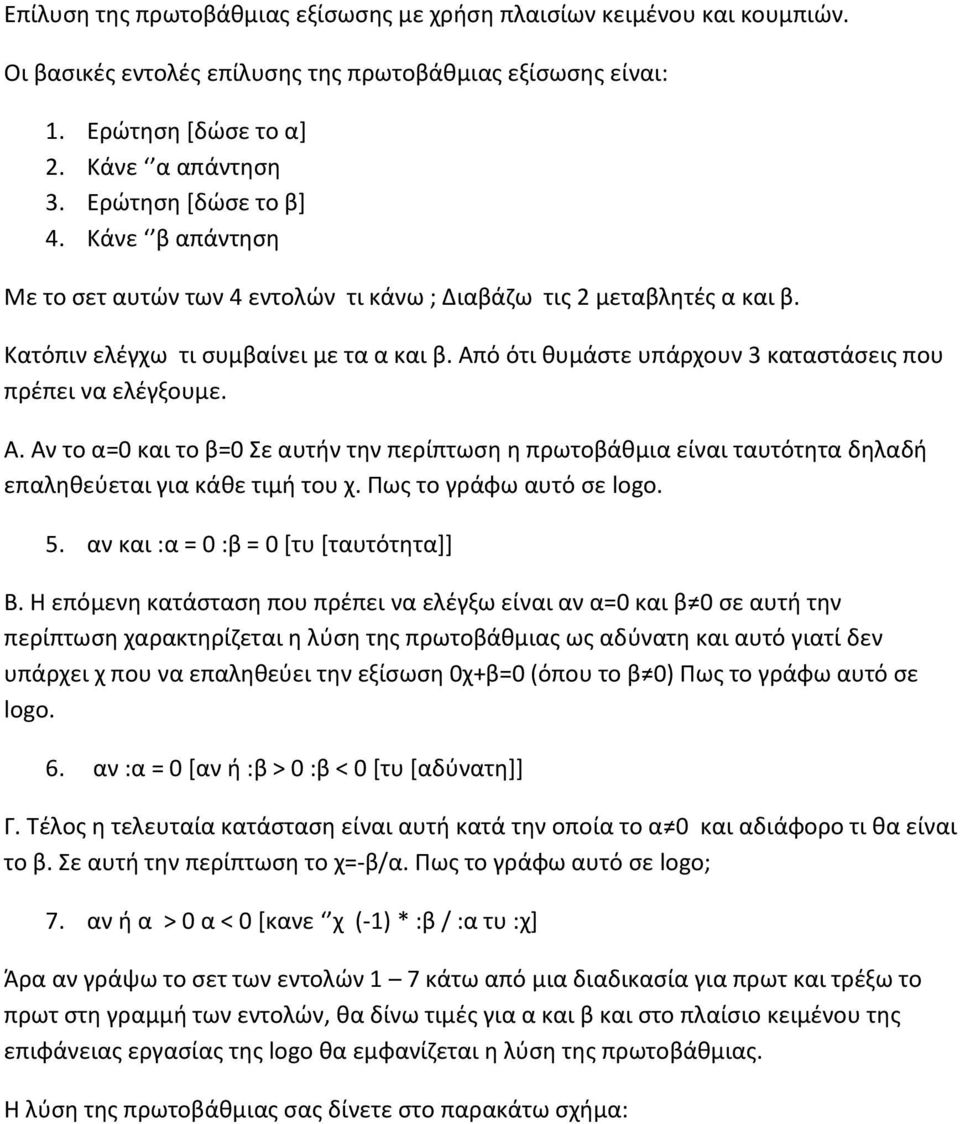 Από ότι θυμάστε υπάρχουν 3 καταστάσεις που πρέπει να ελέγξουμε. Α. Αν το α=0 και το β=0 Σε αυτήν την περίπτωση η πρωτοβάθμια είναι ταυτότητα δηλαδή επαληθεύεται για κάθε τιμή του χ.