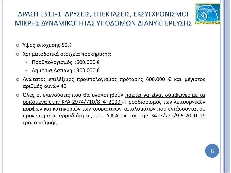 000 και μέγιστος αριθμός κλινών 40 Όλες οι επενδύσεις που θα υλοποιηθούν πρέπει να είναι σύμφωνες με τα οριζόμενα στην ΚΥΑ 2974/710/8 4 2009