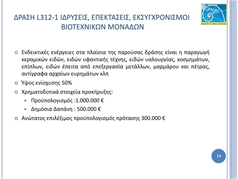 υαλουργίας, κοσμημάτων, επίπλων, ειδών έπειτα από επεξεργασία μετάλλων, μαρμάρου και πέτρας, αντίγραφα αρχαίων