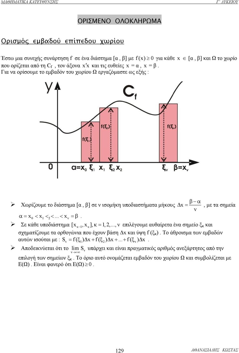 .., v =, µε τ σηµεί v = επιλέουµε υθίρετ έν σηµείο ξ ι σχηµτίζουµε τ ορθοώνι που έχουν άση ι ύψη f (ξ ). Το άθροισµ των εµδών υτών ισούτι µε : Sv = f ( ξ) + f ( ξ) +... + f ( ξv).