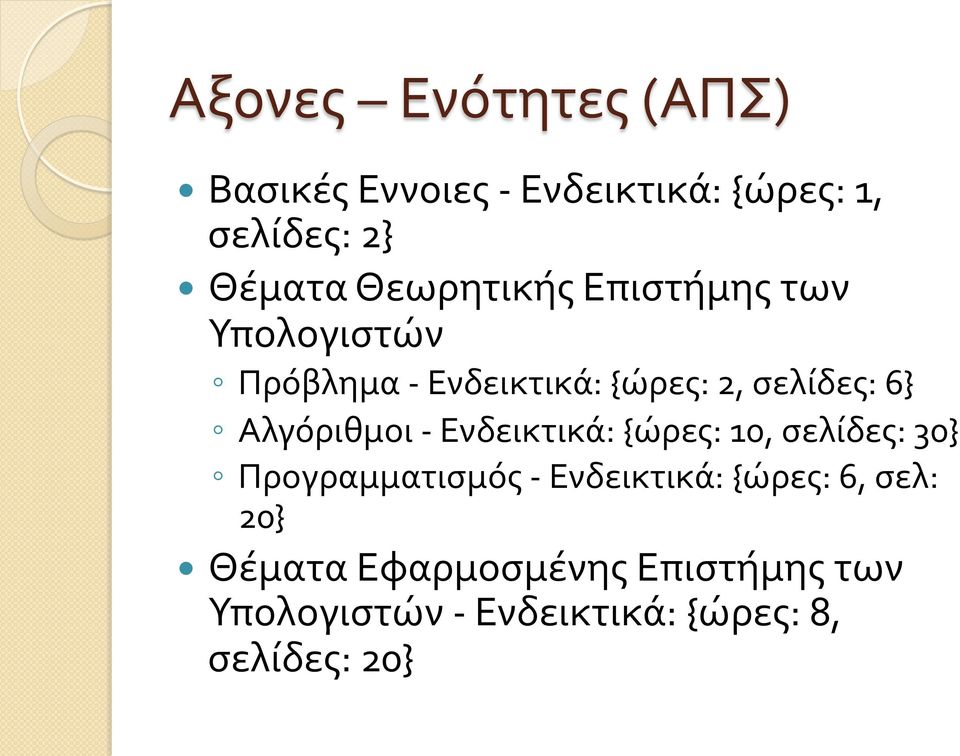 Αλγόριθμοι - Ενδεικτικά: {ώρες: 10, σελίδες: 30} Προγραμματισμός - Ενδεικτικά: {ώρες: