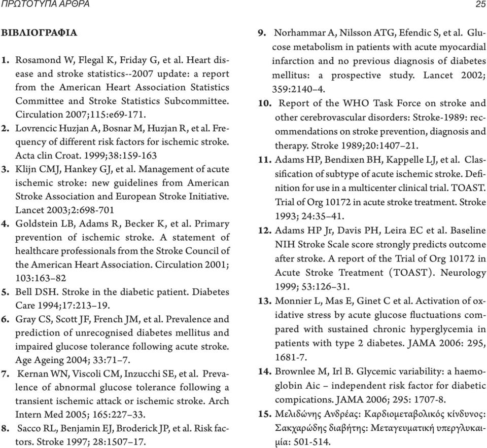 07;115:e69-171. 2. Lovrencic Huzjan A, Bosnar M, Huzjan R, et al. Frequency of different risk factors for ischemic stroke. Acta clin Croat. 1999;38:159-163 3. Klijn CMJ, Hankey GJ, et al.