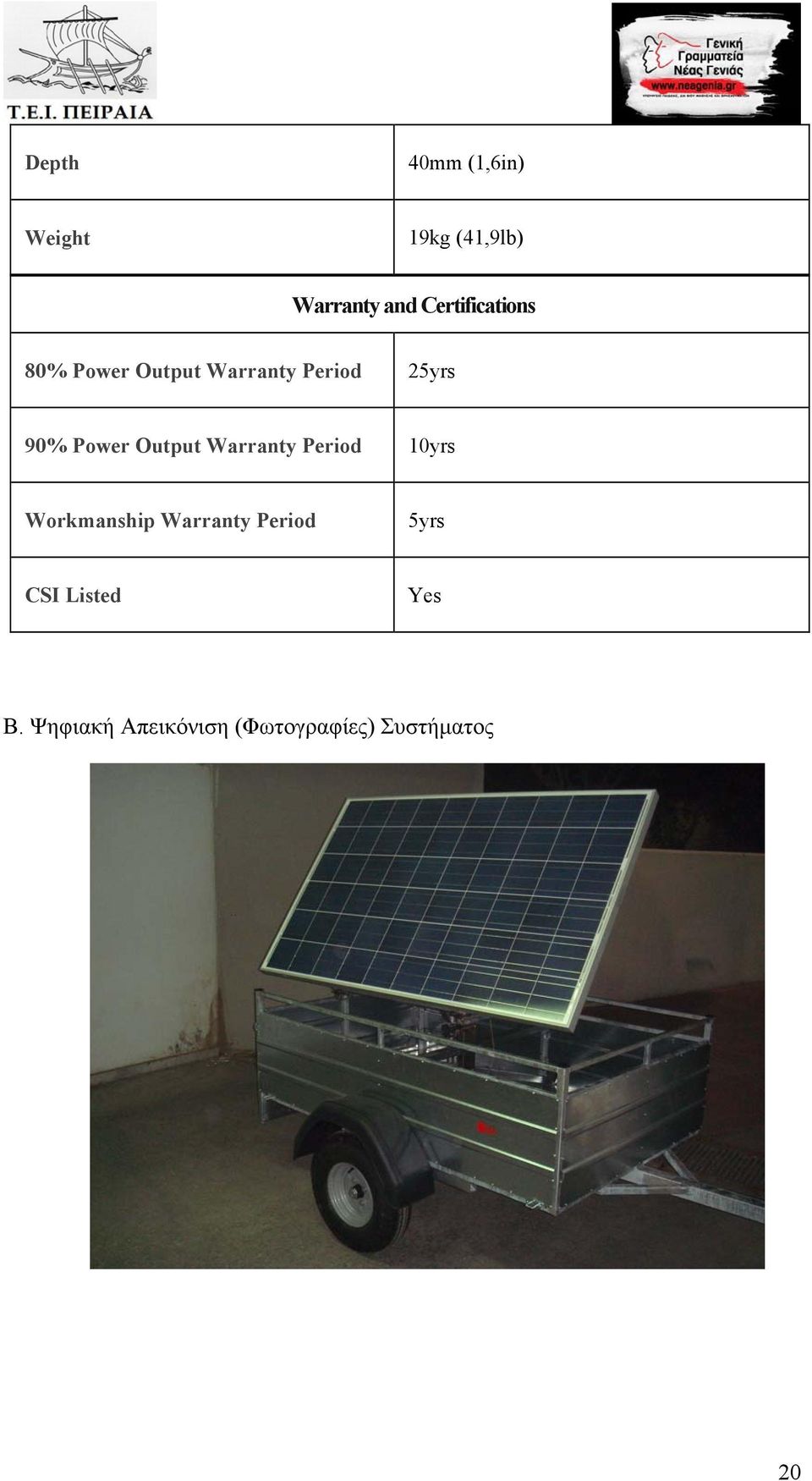 Power Output Warranty Period 10yrs Workmanship Warranty