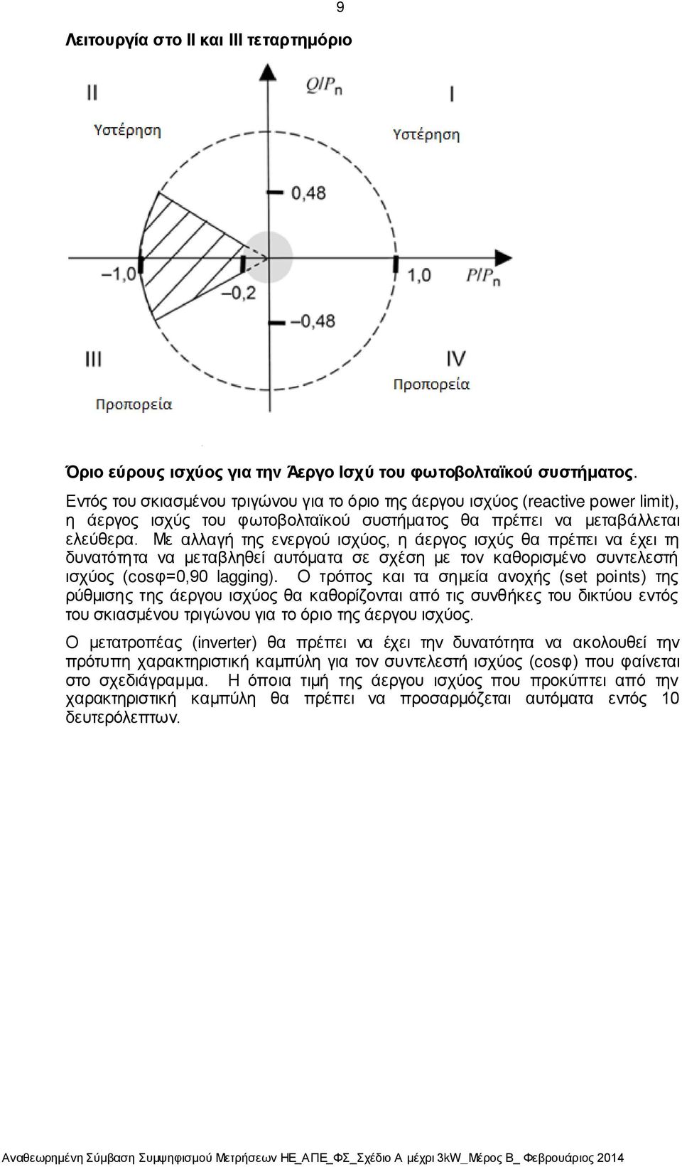 Με αλλαγή της ενεργού ισχύος, η άεργος ισχύς θα πρέπει να έχει τη δυνατότητα να μεταβληθεί αυτόματα σε σχέση με τον καθορισμένο συντελεστή ισχύος (cosφ=0,90 lagging).