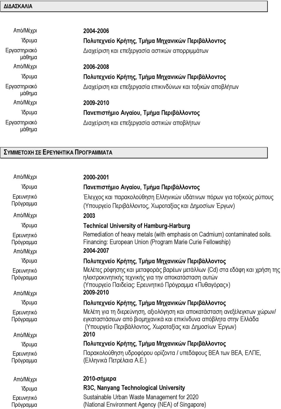 2003 Πανεπιστήμιο Αιγαίου, Τμήμα Περιβάλλοντος Έλεγχος και παρακολούθηση Ελληνικών υδάτινων πόρων για τοξικούς ρύπους (Υπουργείο Περιβάλλοντος, Χωροταξίας και Δημοσίων Έργων) Technical University of