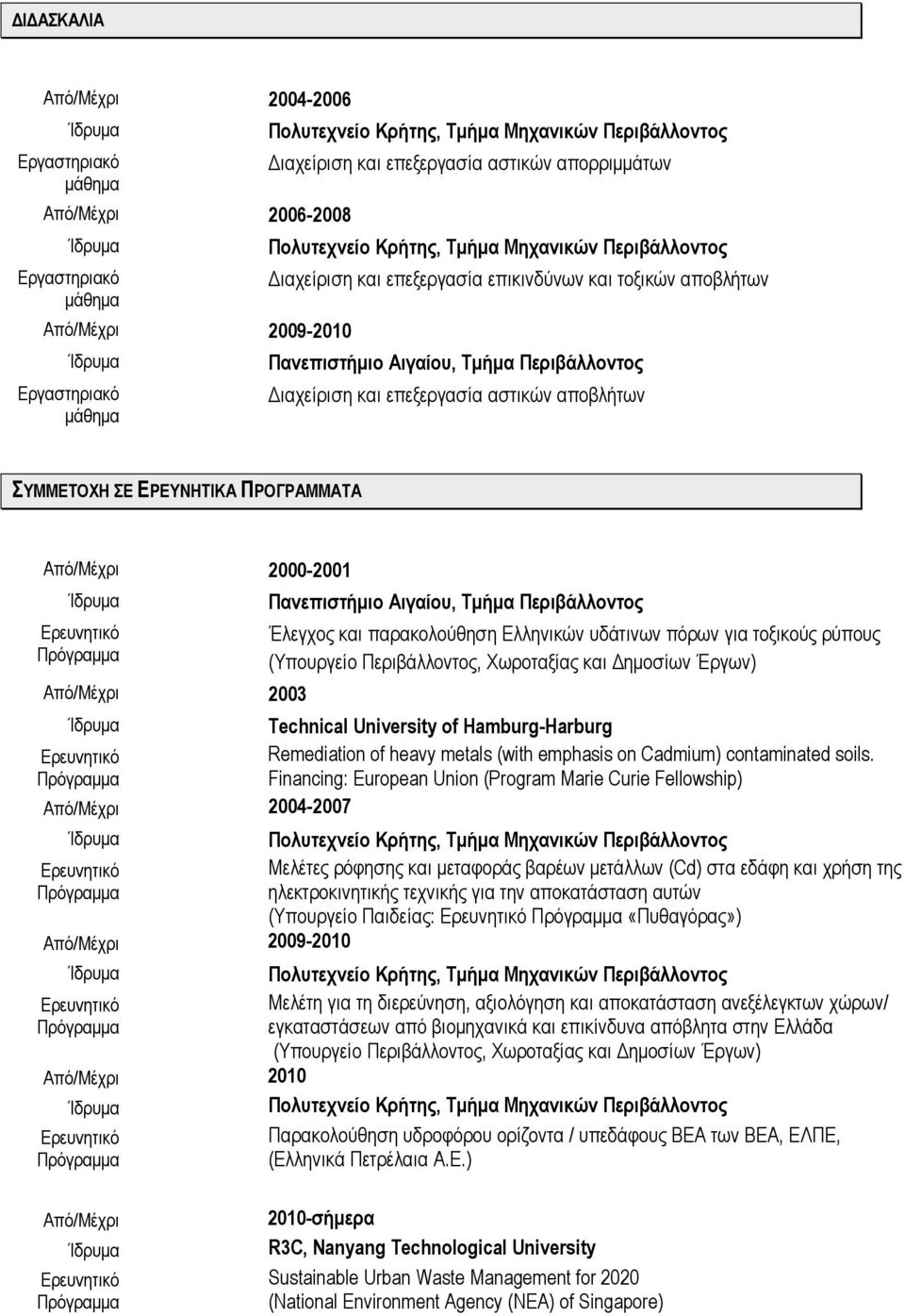 2003 Πανεπιστήμιο Αιγαίου, Τμήμα Περιβάλλοντος Έλεγχος και παρακολούθηση Ελληνικών υδάτινων πόρων για τοξικούς ρύπους (Υπουργείο Περιβάλλοντος, Χωροταξίας και Δημοσίων Έργων) Technical University of