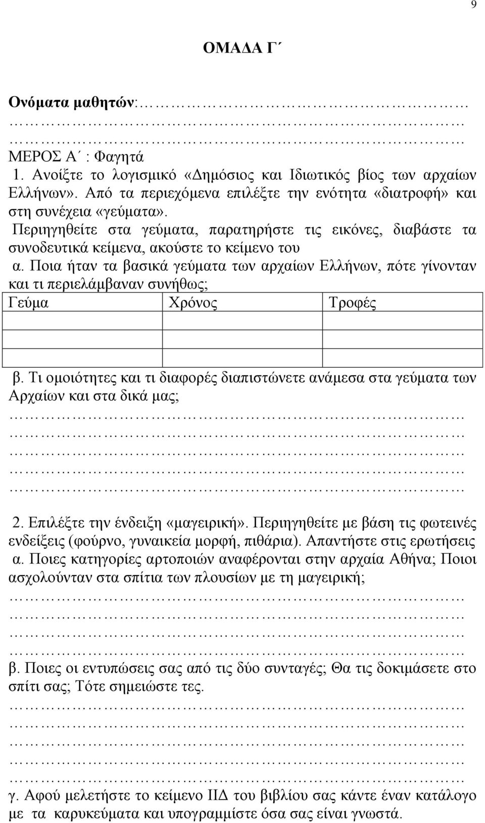 Ποια ήταν τα βασικά γεύματα των αρχαίων Ελλήνων, πότε γίνονταν και τι περιελάμβαναν συνήθως; Γεύμα Χρόνος Τροφές β.