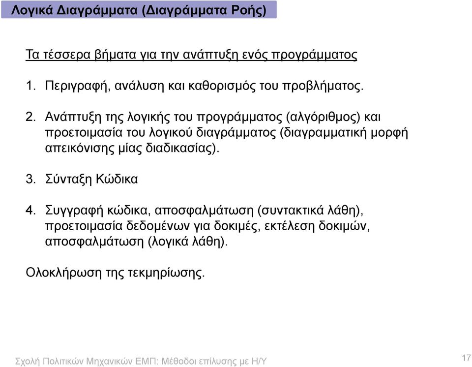 Ανάπτυξη της λογικής του προγράμματος (αλγόριθμος) και προετοιμασία του λογικού διαγράμματος (διαγραμματική μορφή
