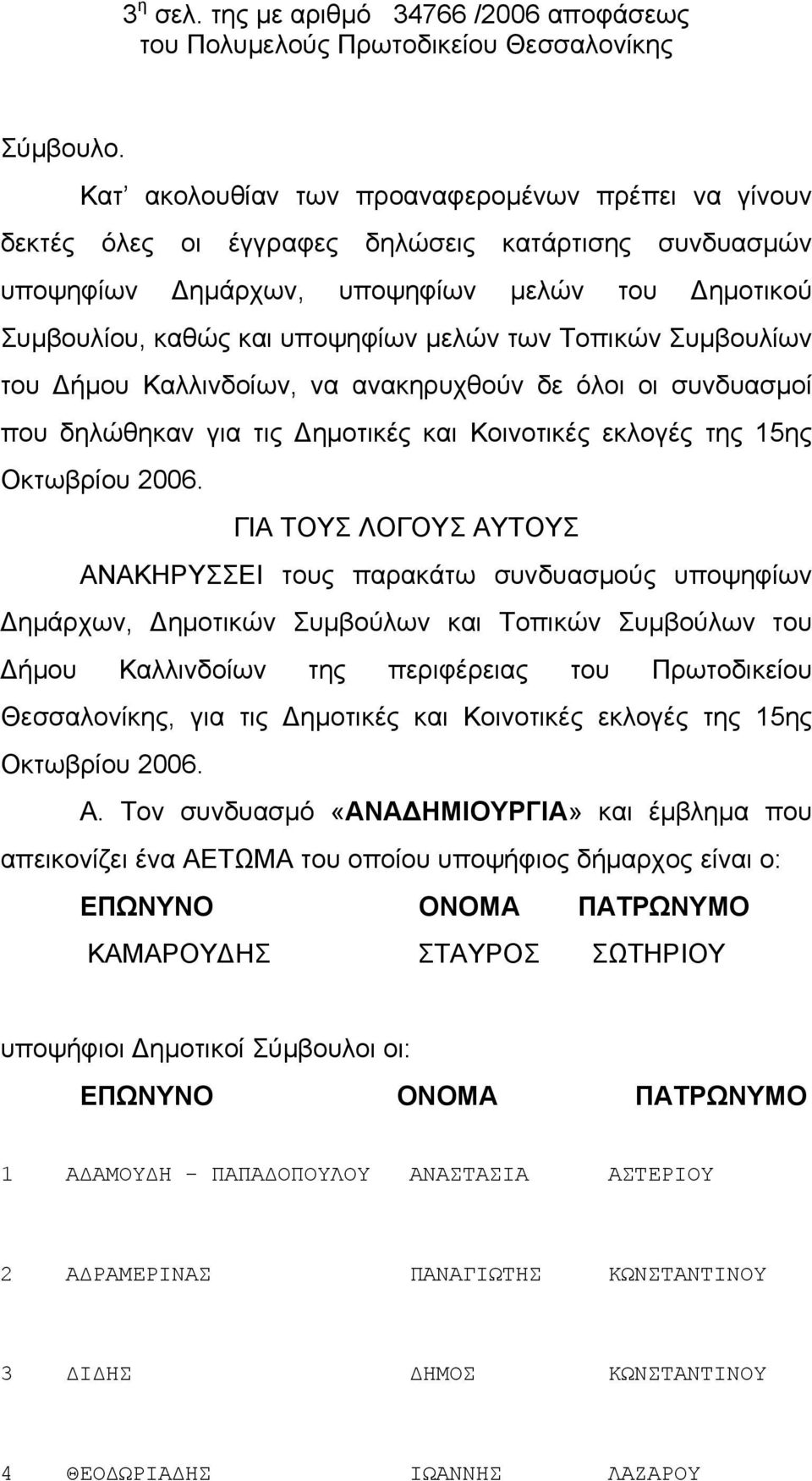 Τοπικών Συμβουλίων του Δήμου Καλλινδοίων, να ανακηρυχθούν δε όλοι οι συνδυασμοί που δηλώθηκαν για τις Δημοτικές και Κοινοτικές εκλογές της 15ης Οκτωβρίου 2006.