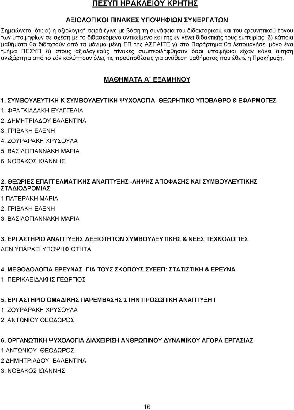 αξιολογικούς πίνακες συμπεριλήφθησαν όσοι υποψήφιοι είχαν κάνει αίτηση ανεξάρτητα από το εάν καλύπτουν όλες τις προϋποθέσεις για ανάθεση μαθήματος που έθετε η Προκήρυξη. ΜΑΘΗΜΑΤΑ Α ΕΞΑΜΗΝΟΥ 1.