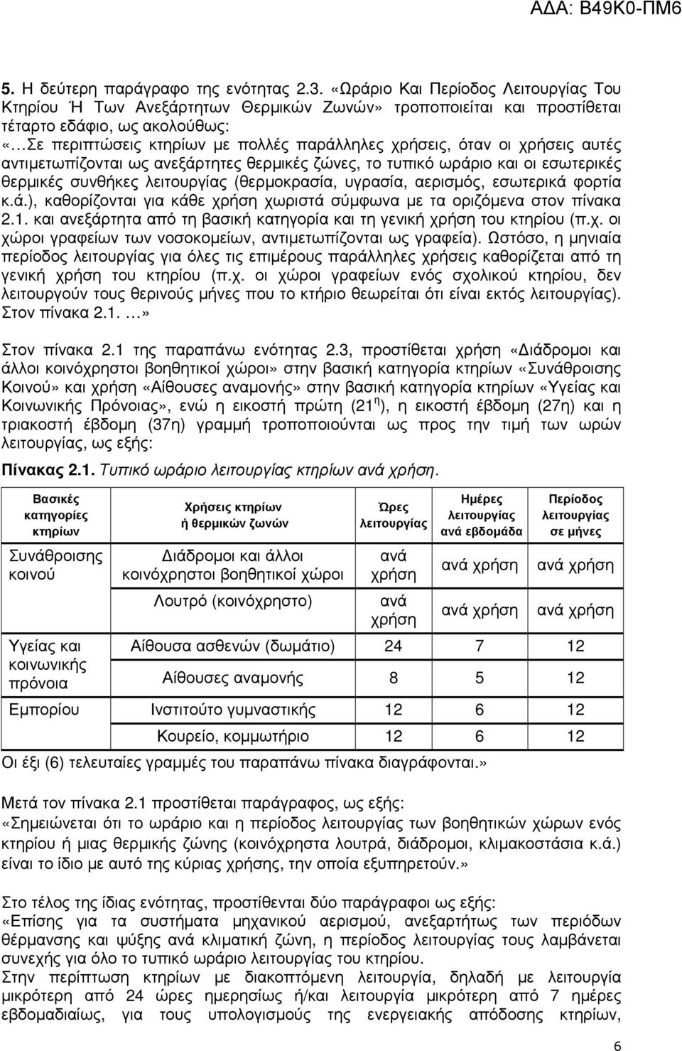 οι χρήσεις αυτές αντιµετωπίζονται ως ανεξάρτητες θερµικές ζώνες, το τυπικό ωράριο και οι εσωτερικές θερµικές συνθήκες λειτουργίας (θερµοκρασία, υγρασία, αερισµός, εσωτερικά φορτία κ.ά.), καθορίζονται για κάθε χρήση χωριστά σύµφωνα µε τα οριζόµενα στον πίνακα 2.