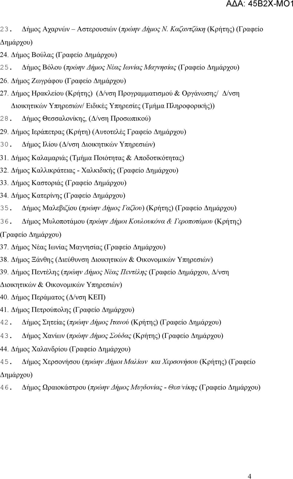 Δήμος Θεσσαλονίκης, (Δ/νση Προσωπικού) 29. Δήμος Ιεράπετρας (Κρήτη) (Αυτοτελές Γραφείο Δημάρχου) 30. Δήμος Ιλίου (Δ/νση Διοικητικών Υπηρεσιών) 31.