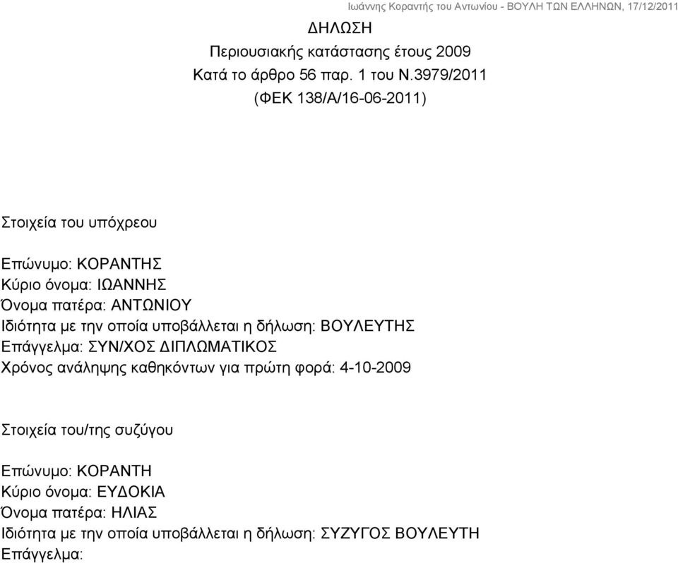 Ιδιότητα με την οποία υποβάλλεται η δήλωση: ΒΟΥΛΕΥΤΗΣ Επάγγελμα: ΣΥΝ/ΧΟΣ ΔΙΠΛΩΜΑΤΙΚΟΣ Χρόνος ανάληψης καθηκόντων για