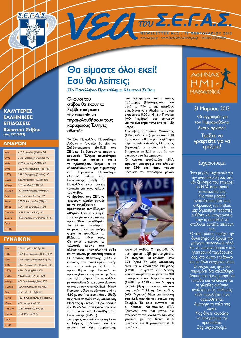 76 Πατεράκης (Πανελ/κος) 10/2 400μ 47.38 Κυριακίδης (ΟΣΦΠ) 10/2 800μ 1.50.19 Νακόπουλος (ΓΕΑ Τρικ) 10/2 1.500μ 3.44.19 Δημητράκης (Λασιθίου) 10/2 3.000μ 8.39.98 Μουστάκας (ΟΣΦΠ) 10/2 60μ εμπ 7.