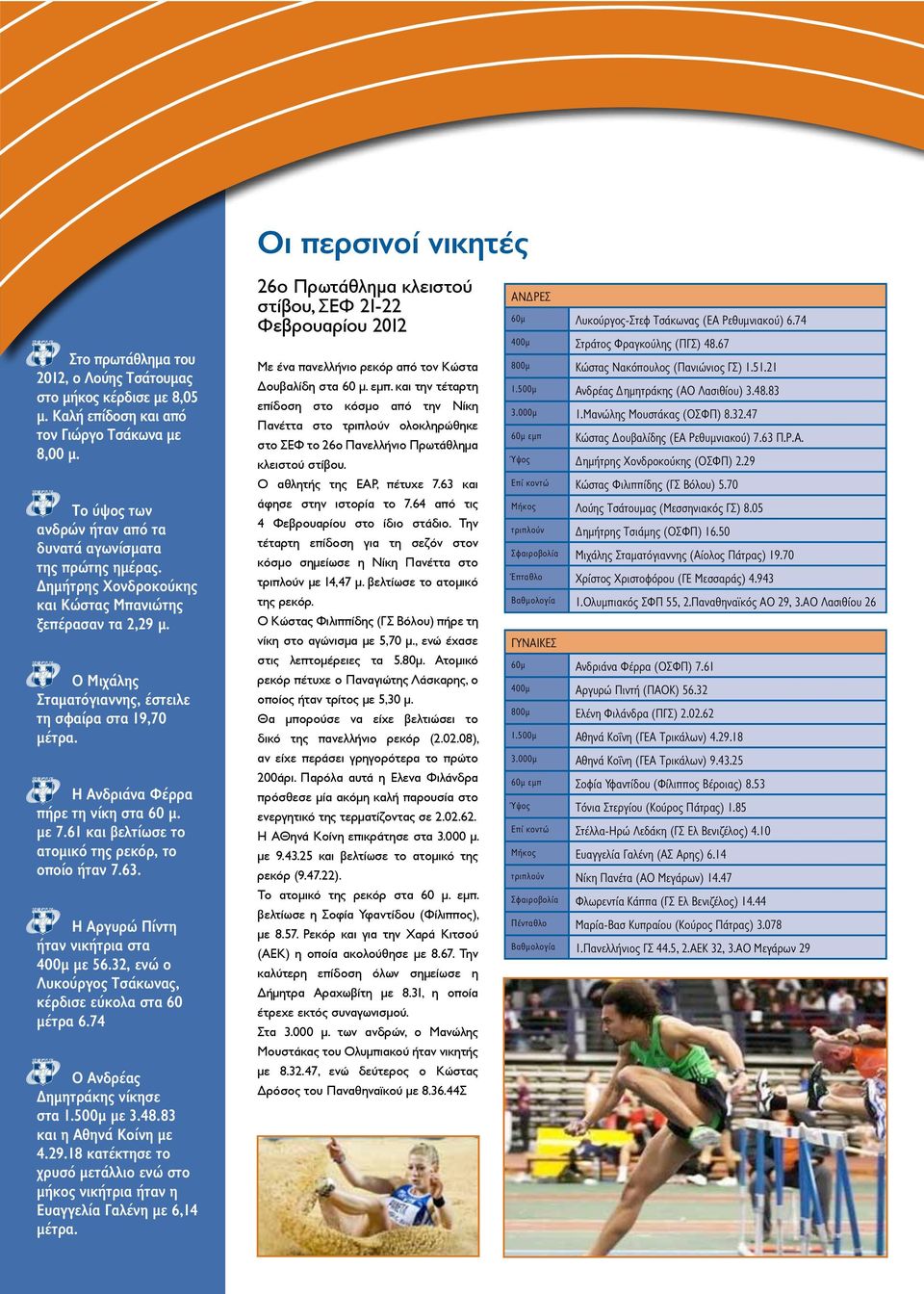 Η Ανδριάνα Φέρρα πήρε τη νίκη στα 60 μ. με 7.61 και βελτίωσε το ατομικό της ρεκόρ, το οποίο ήταν 7.63. Η Αργυρώ Πίντη ήταν νικήτρια στα 400μ με 56.