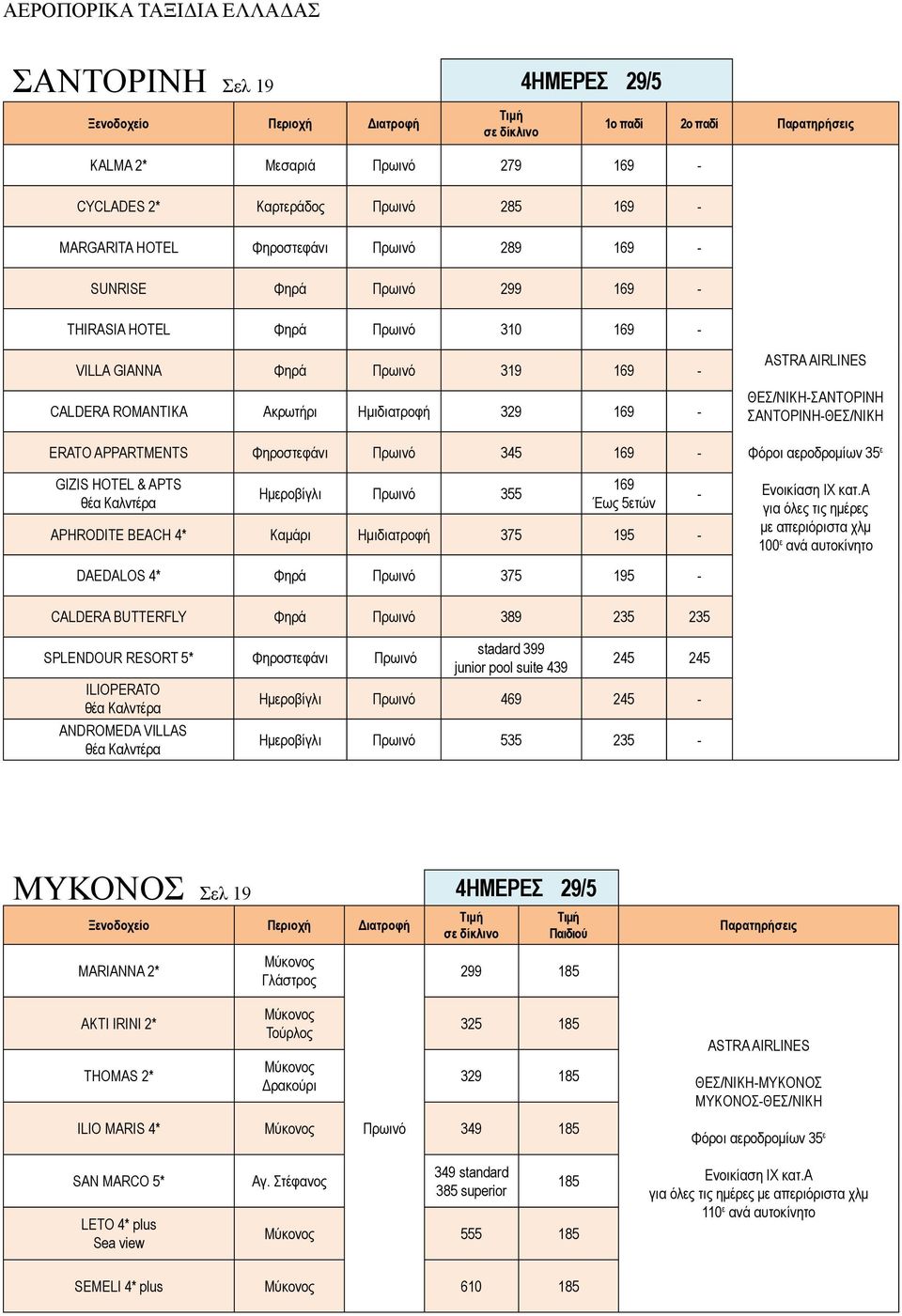 APTS θέα Καλντέρα Ημεροβίγλι Πρωινό 3 169 Έως ετών APHRODITE BEACH * Καμάρι Ημιδιατροφή 37 19 ASTRA AIRLINES ΘΕΣ/ΝΙΚΗΣΑΝΤΟΡΙΝΗ ΣΑΝΤΟΡΙΝΗΘΕΣ/ΝΙΚΗ αεροδρομίων 3 ε για όλες τις ημέρες με απεριόριστα χλμ