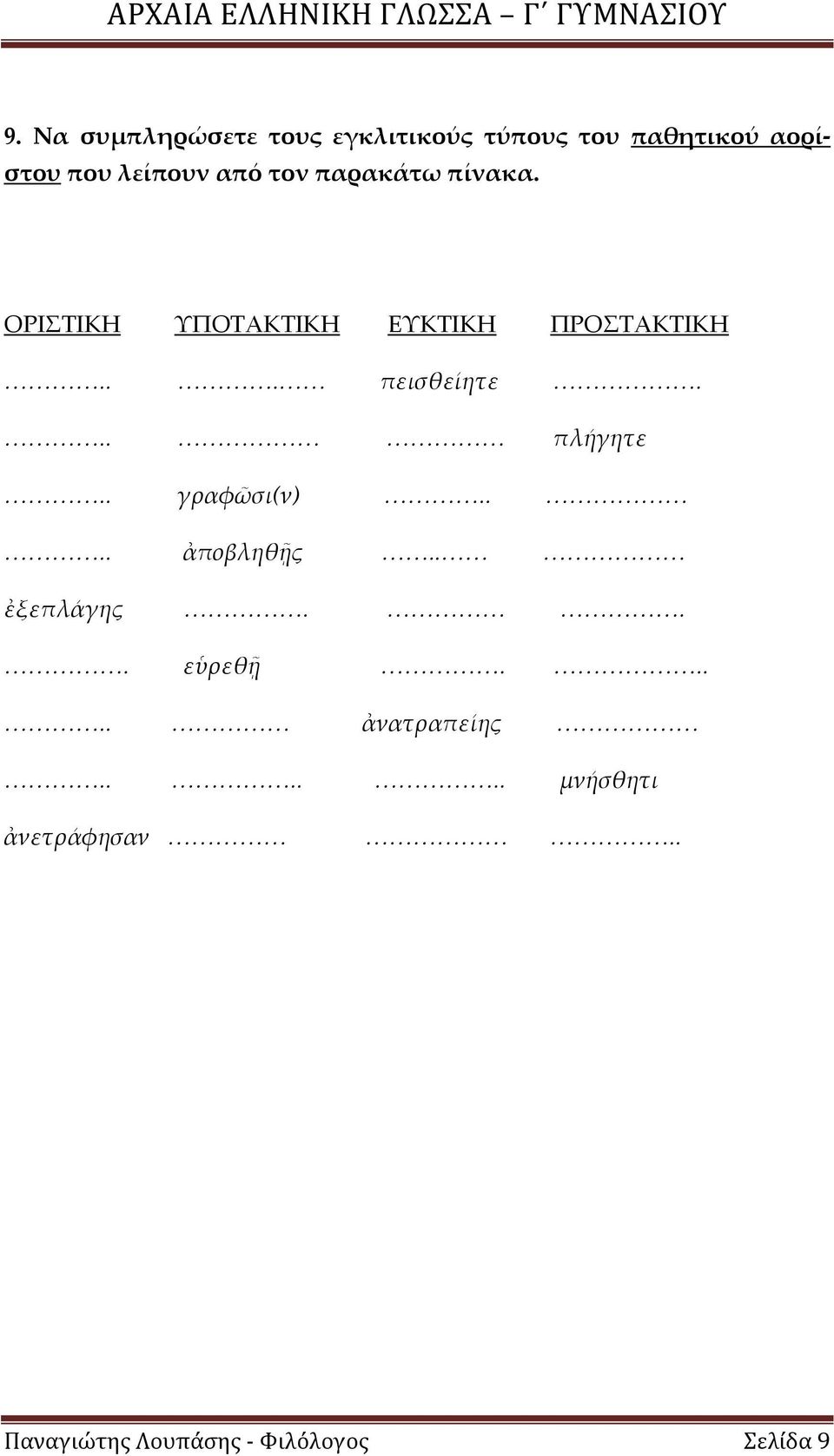 . γραφῶσι(ν) <<<<.. <<<<<< <<<<.. ἀποβληθῇς <<..<< <<<<<< ἐξεπλάγης <<<<<. <<<<< <<<<<. <<<<<. εὑρεθῇ <<<<<. <<<<<<.. <<<<.. <<<<< ἀνατραπείης <<<<<< <<<<.