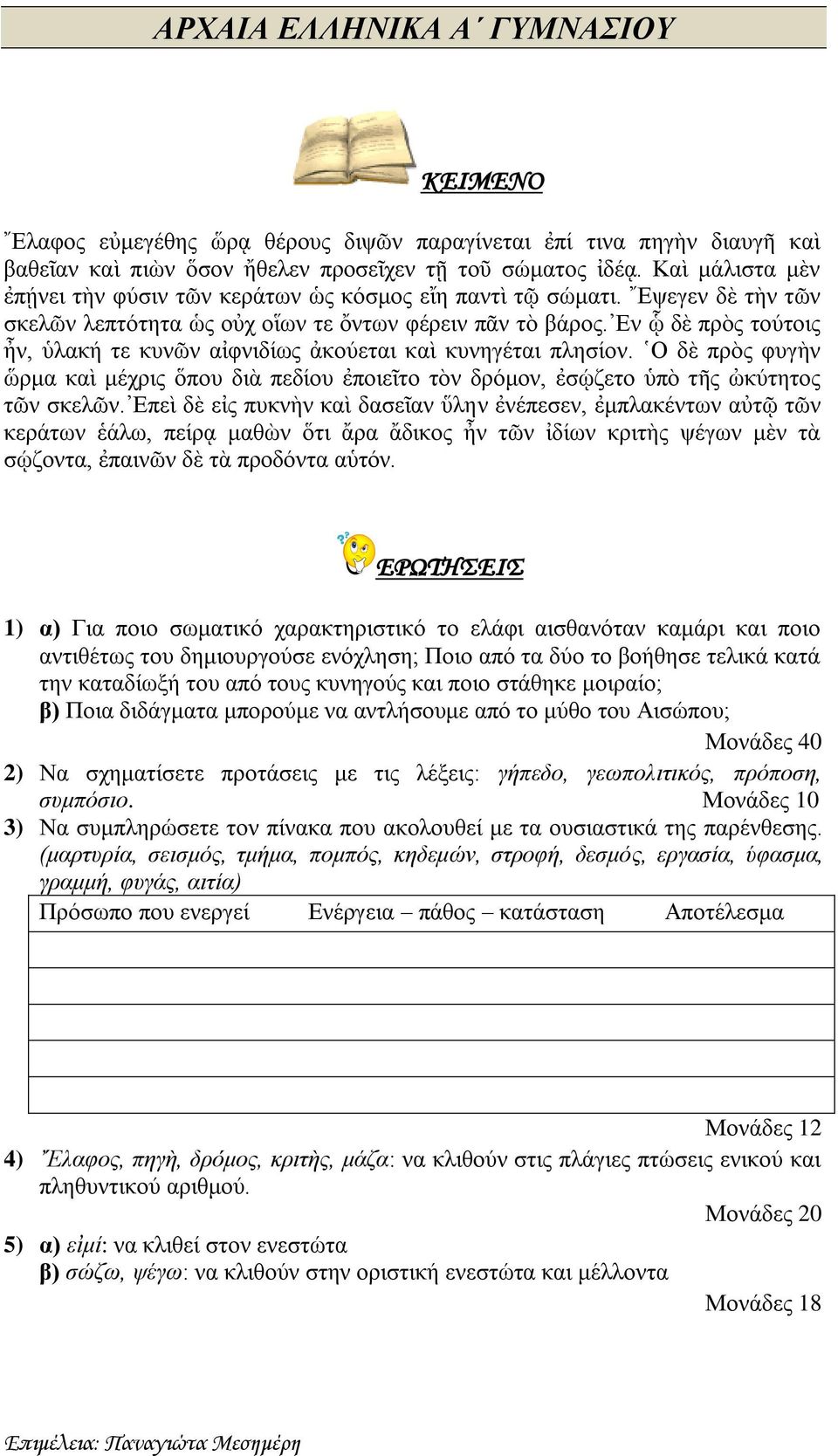 Εν ᾧ δὲ πρὸς τούτοις ἦν, ὑλακή τε κυνῶν αἰφνιδίως ἀκούεται καὶ κυνηγέται πλησίον. Ο δὲ πρὸς φυγὴν ὥρμα καὶ μέχρις ὅπου διὰ πεδίου ἐποιεῖτο τὸν δρόμον, ἐσῴζετο ὑπὸ τῆς ὠκύτητος τῶν σκελῶν.