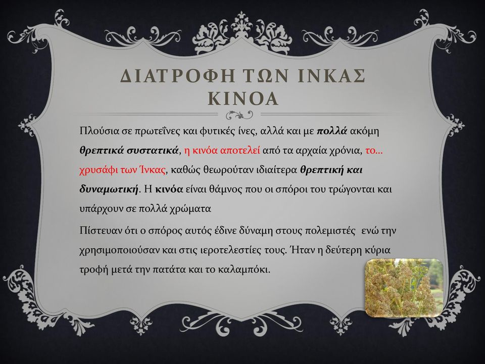 Η κινόα είναι θάμνος που οι σπόροι του τρώγονται και υπάρχουν σε πολλά χρώματα Πίστευαν ότι ο σπόρος αυτός έδινε