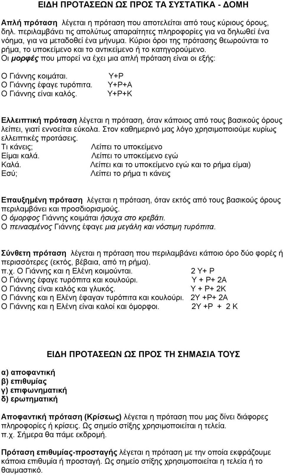 Κύριοι όροι της πρότασης θεωρούνται το ρήμα, το υποκείμενο και το αντικείμενο ή το κατηγορούμενο. Οι μορφές που μπορεί να έχει μια απλή πρόταση είναι οι εξής: Ο Γιάννης κοιμάται.