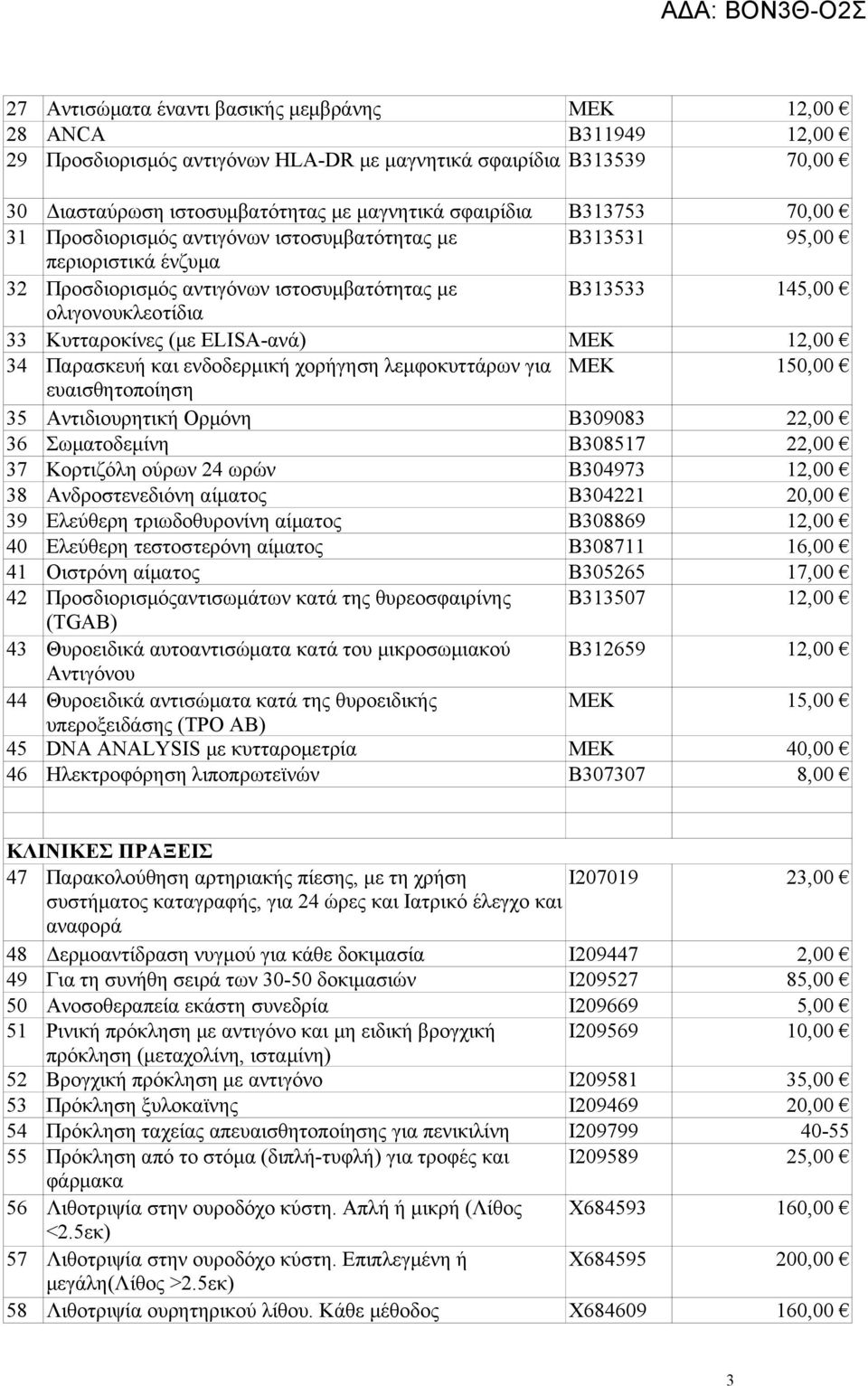 ELISA-ανά) ΜΕΚ 12,00 34 Παρασκευή και ενδοδερμική χορήγηση λεμφοκυττάρων για ΜΕΚ 150,00 ευαισθητοποίηση 35 Αντιδιουρητική Ορμόνη B309083 22,00 36 Σωματοδεμίνη Β308517 22,00 37 Κορτιζόλη ούρων 24 ωρών