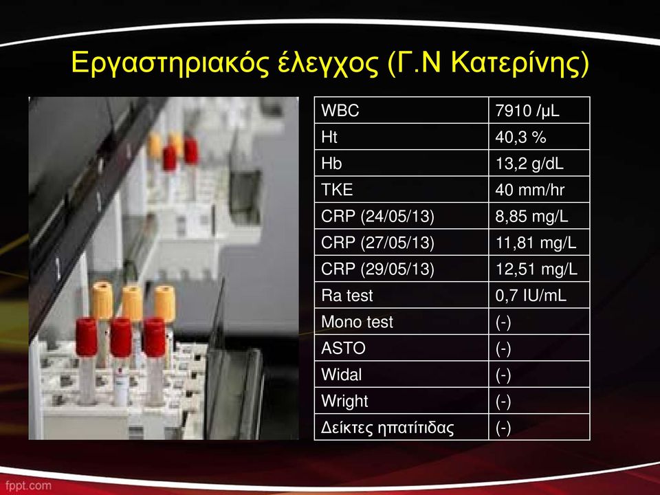 CRP (24/05/13) 8,85 mg/l CRP (27/05/13) 11,81 mg/l CRP