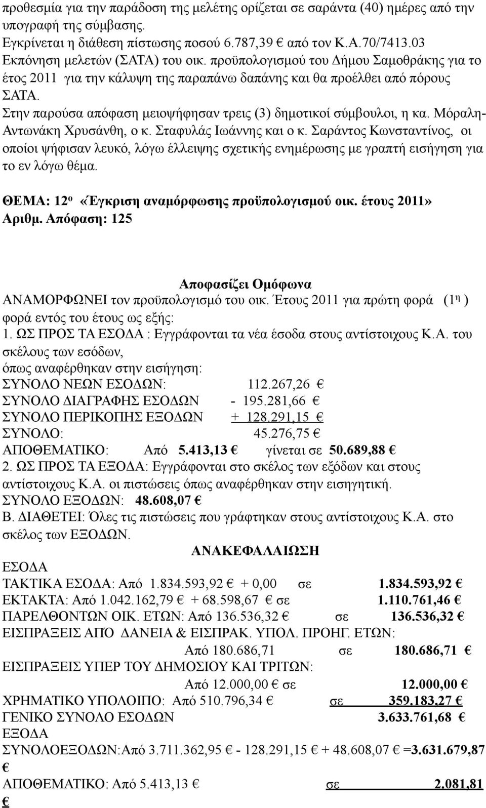 Στην παρούσα απόφαση µειοψήφησαν τρεις (3) δηµοτικοί σύµβουλοι, η κα. Μόραλη- Αντωνάκη Χρυσάνθη, ο κ. Σταφυλάς Ιωάννης και ο κ.